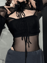 Schwarzer Bodysuit mit Cut-out und langen Ärmeln aus transparentem Netzstoff